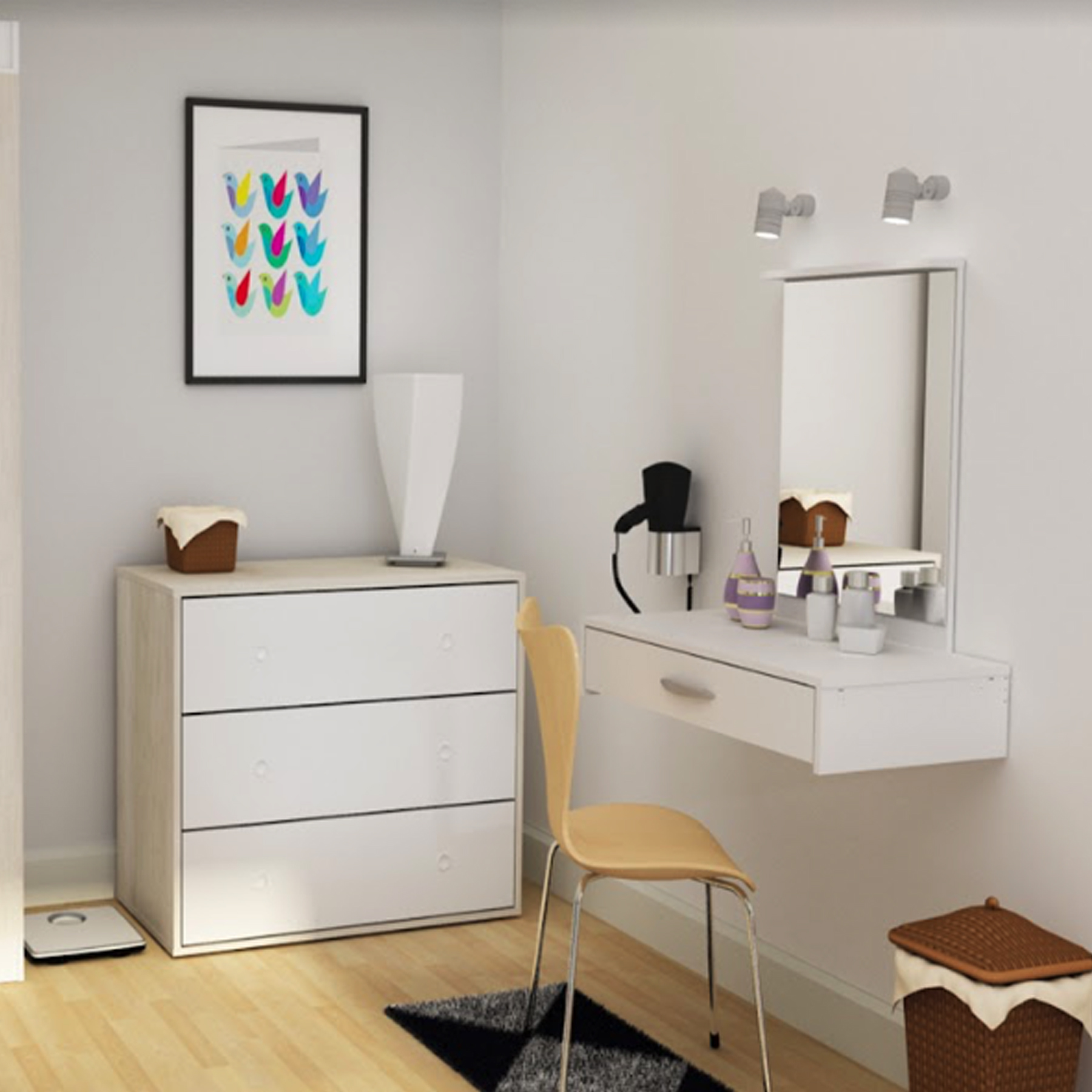 Tocador Maquillador Flotante con Espejo, Cajón y Luz Led - 1432 L - Helsinki