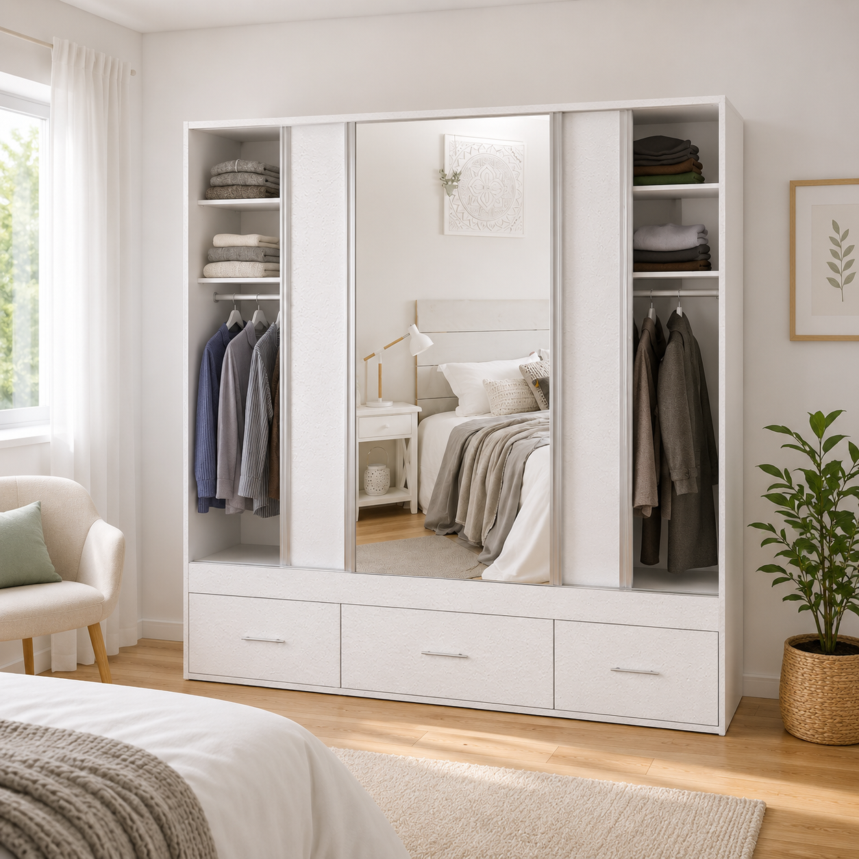 Vestidor 3 Puertas 1 Puerta con Espejo 220 x 220 cm - 530 - Blanco