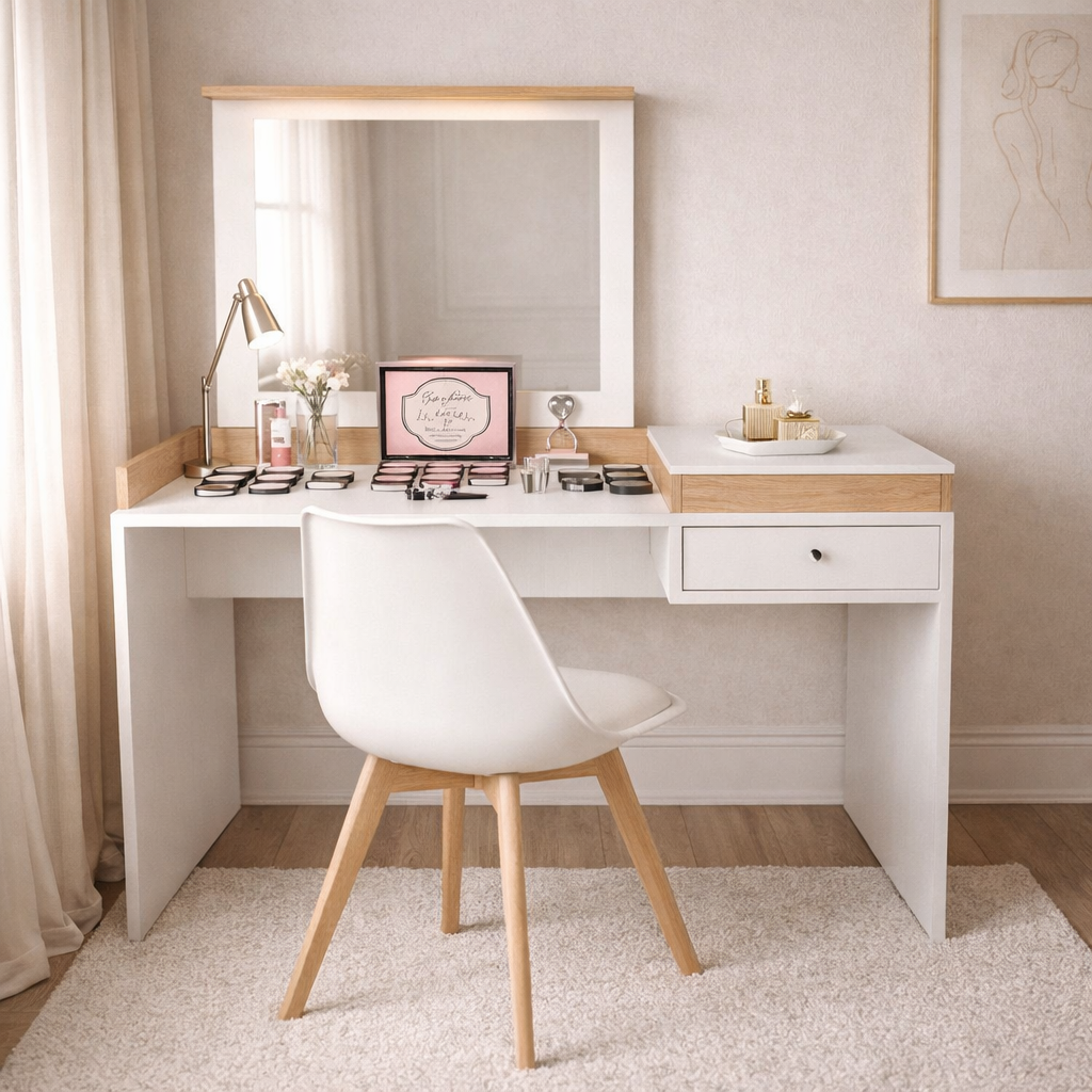 MAQUILLADOR TOCADOR CON ESPEJO REBATIBLE Y CAJON